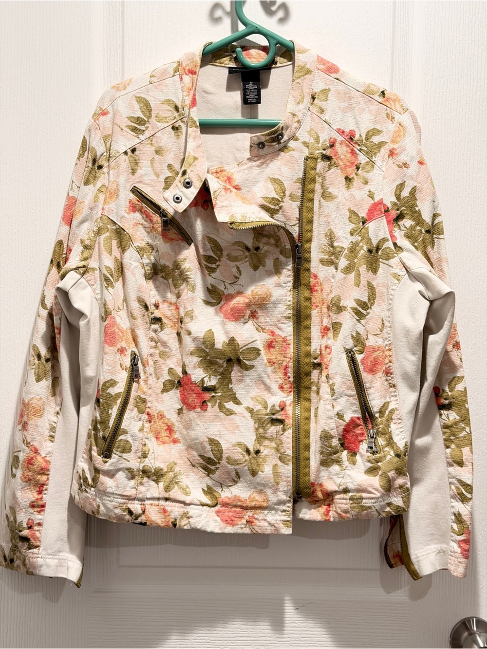 Lane Bryant Floral Moto Jacket Women’s Size 22 Plus Ivory Pink  Zip Jacket
